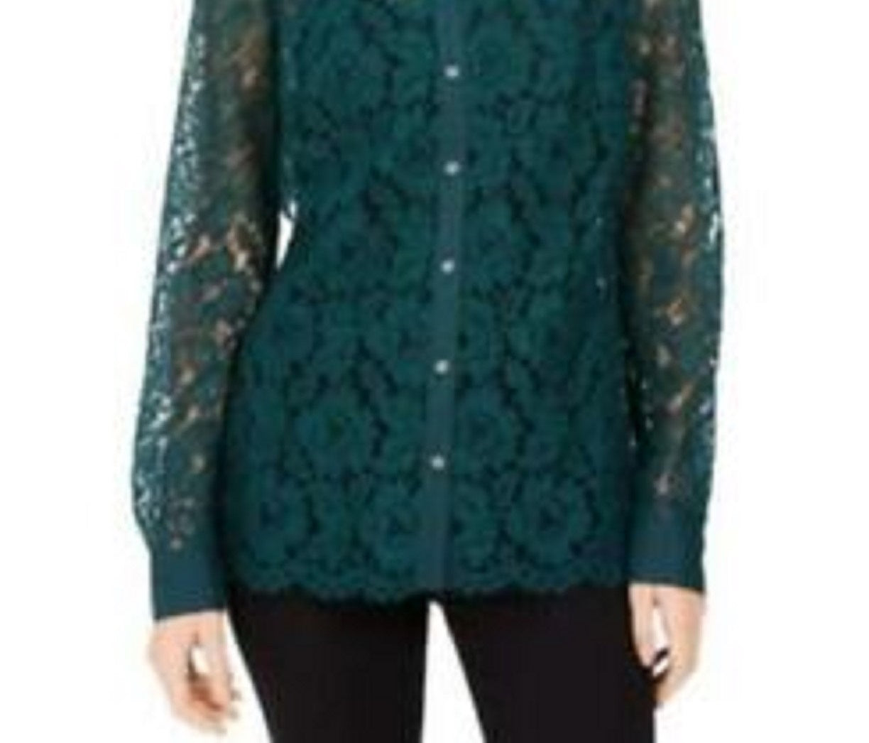 Charter Club Women's Lace Button-Down Top Dark Green Size Medium