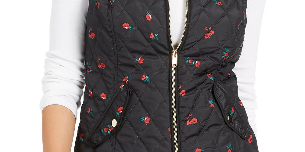 Charter Club Women's Floral-Print Quilted Vest Black Size Medium