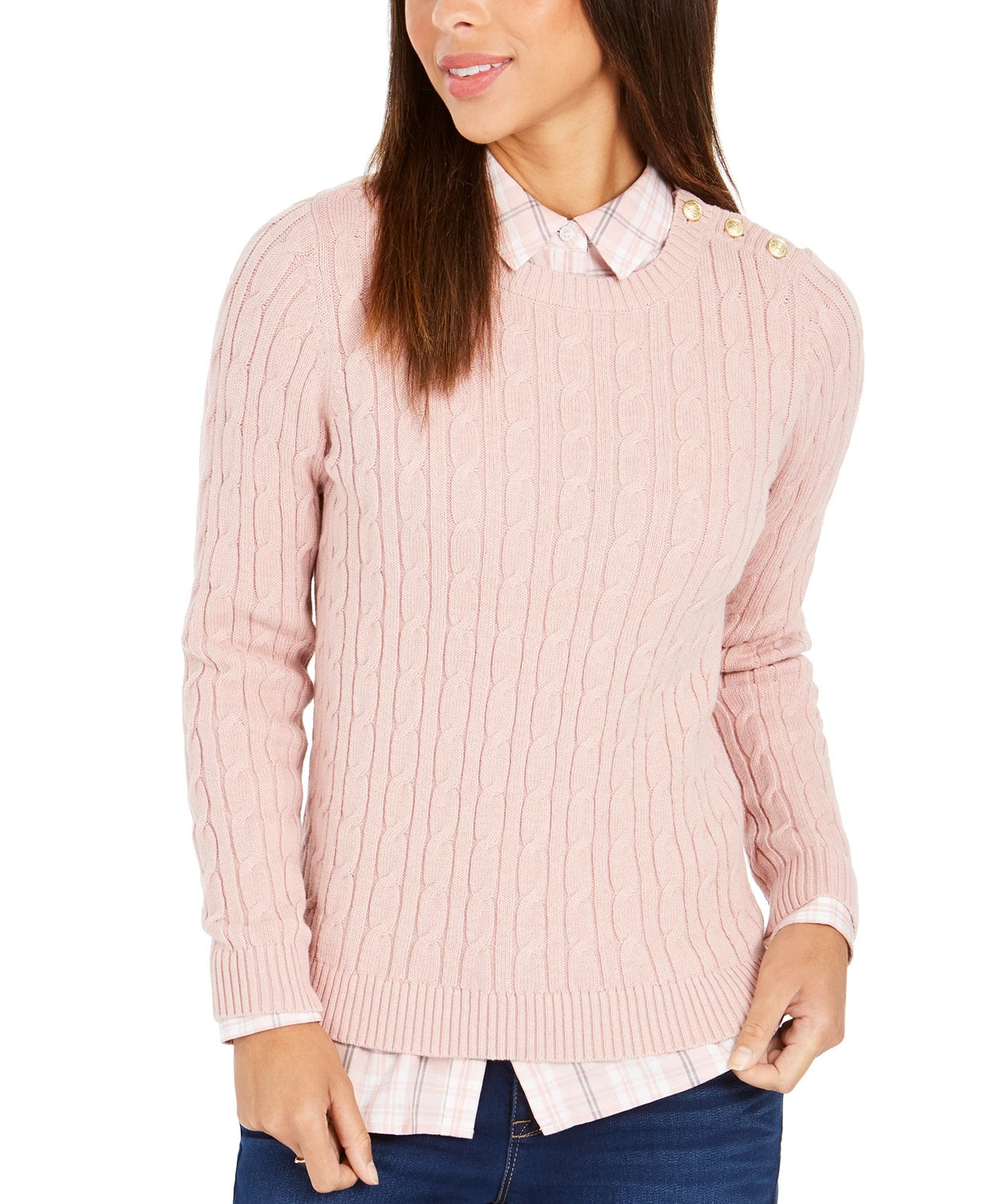 Charter Club Women's Cable-Knit Button-Trim Sweater Black Size Large