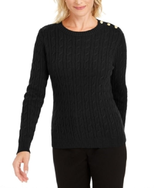 Charter Club Women's Textured Embellished Patterned Long Sleeve Jewel Neck Sweater Black Size Medium