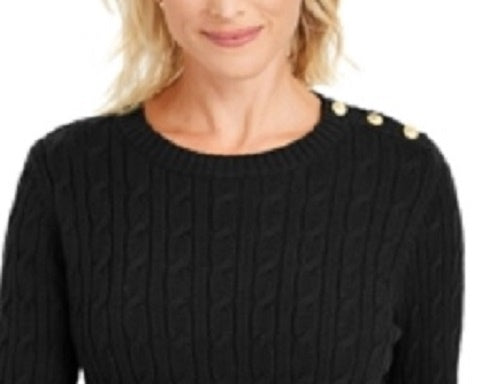 Charter Club Women's Textured Embellished Patterned Long Sleeve Jewel Neck Sweater Black Size Medium