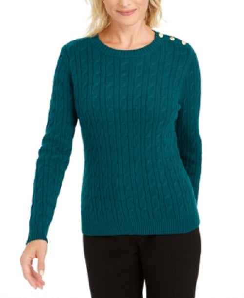 Charter Club Women's Textured Embellished Patterned Long Sleeve Jewel Neck Sweater  Size Dark Green Size Medium
