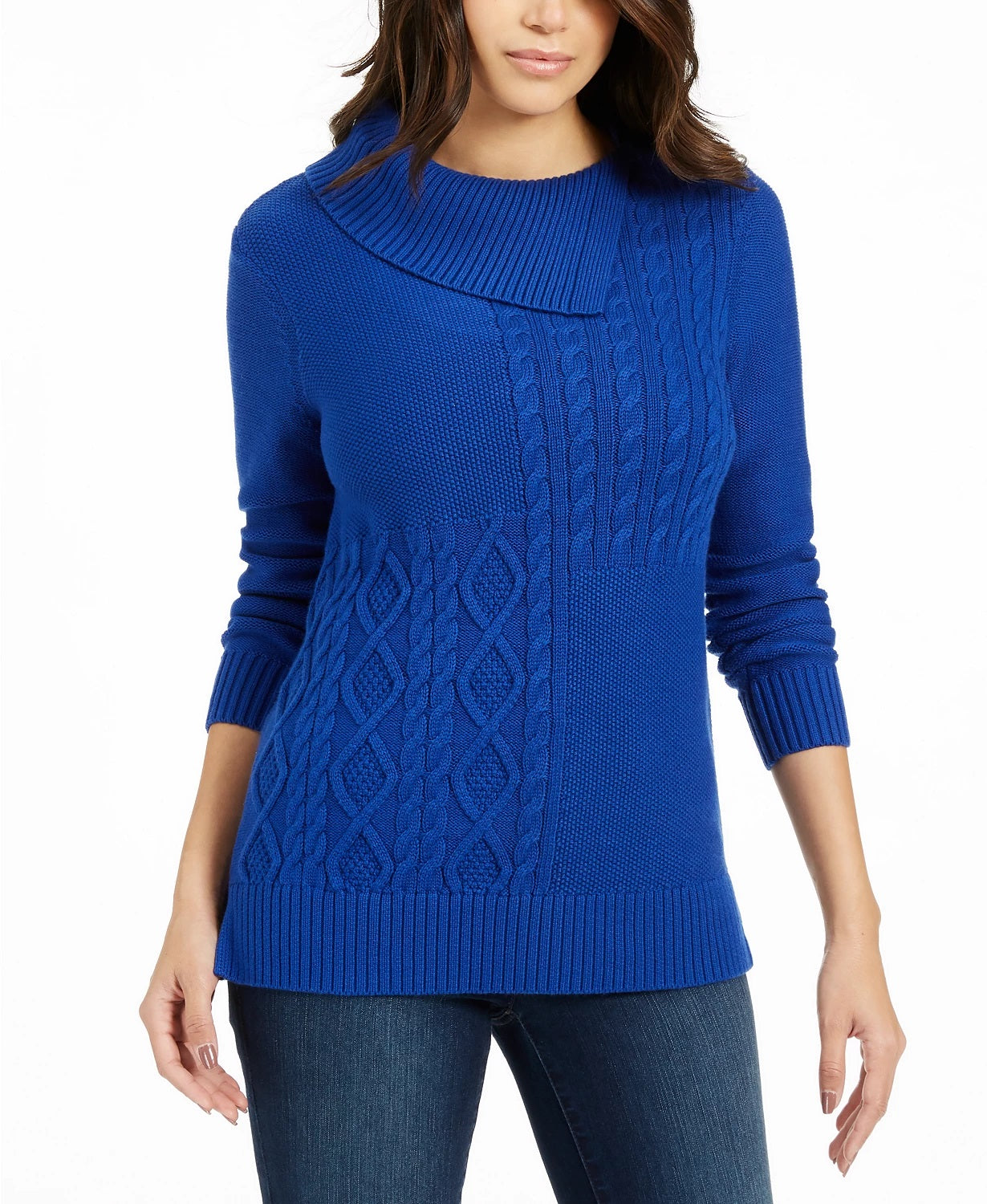 Charter Club Women's Patchwork-Stitch Asymmetrical-Collar Sweater Blue Size X-Large
