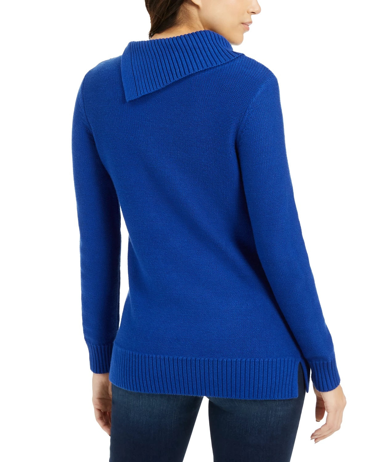 Charter Club Women's Patchwork-Stitch Asymmetrical-Collar Sweater Blue Size X-Large