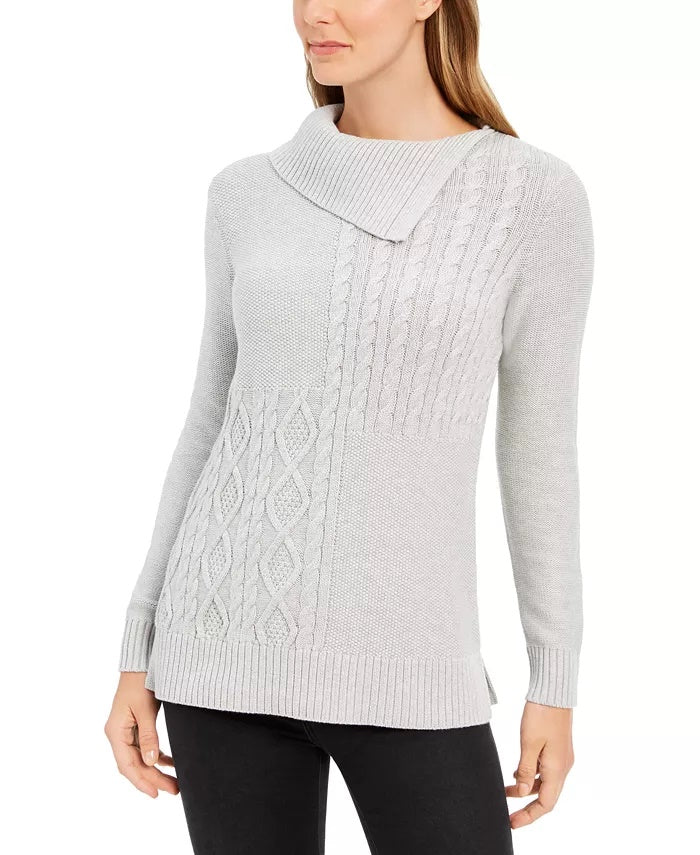 Charter Club Women's Patchwork Stitch Asymmetrical Collar Sweater White Size X-Small