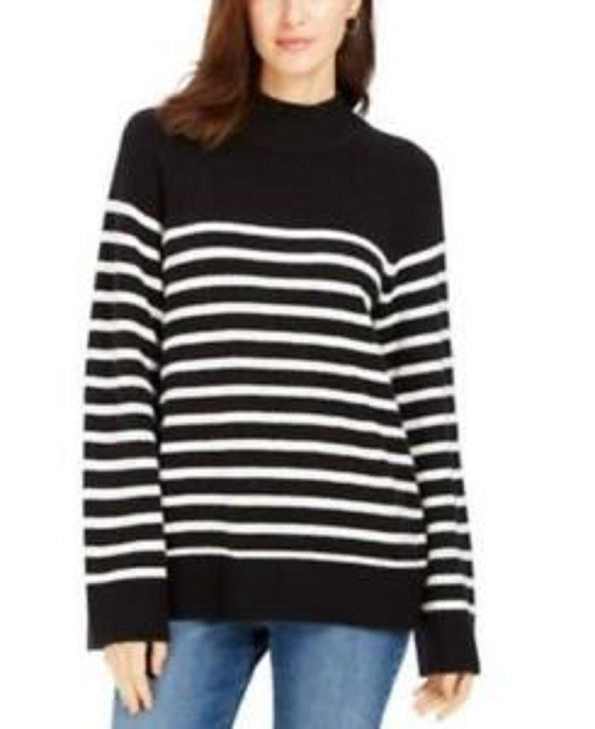 Charter Club Women's Striped Mockneck Sweater Black Size Small