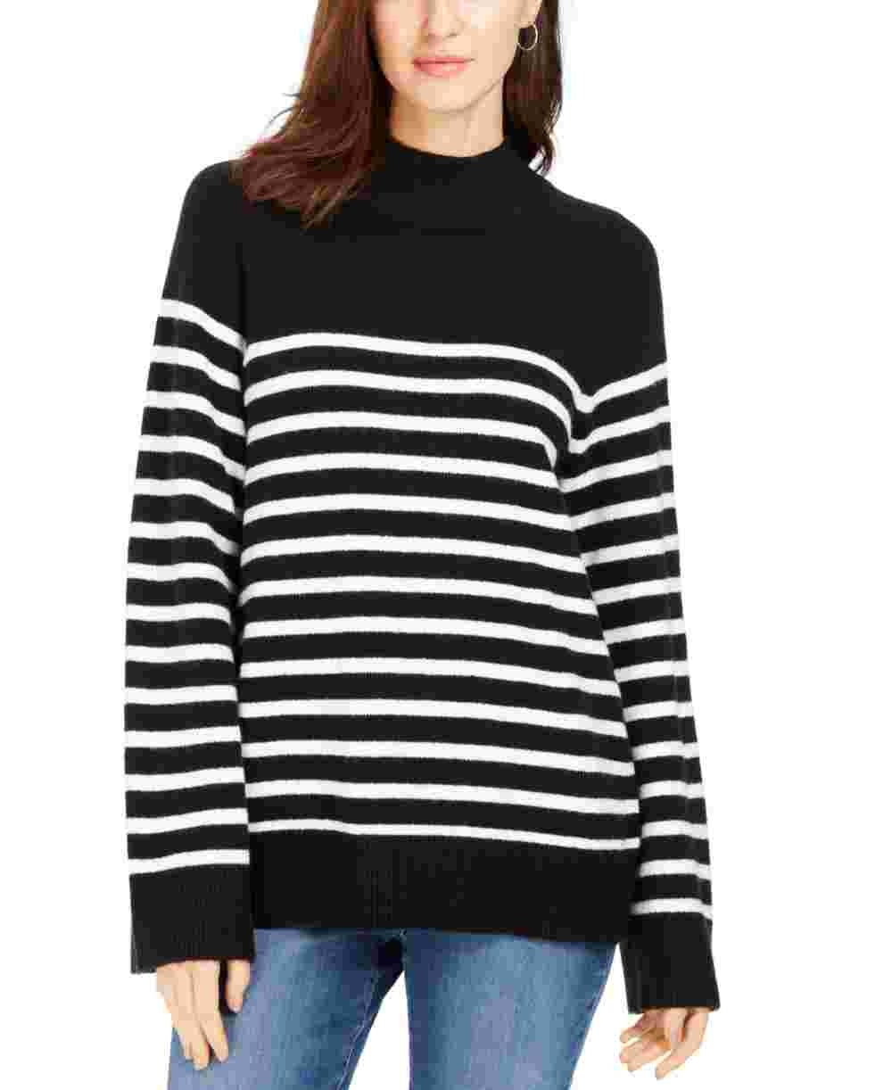 Charter Club Women's Black Striped Long Sleeve Mock Sweater Black Size Petite