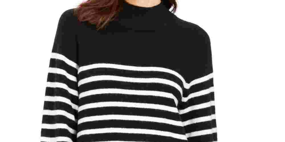 Charter Club Women's Black Striped Long Sleeve Mock Sweater Black Size Petite
