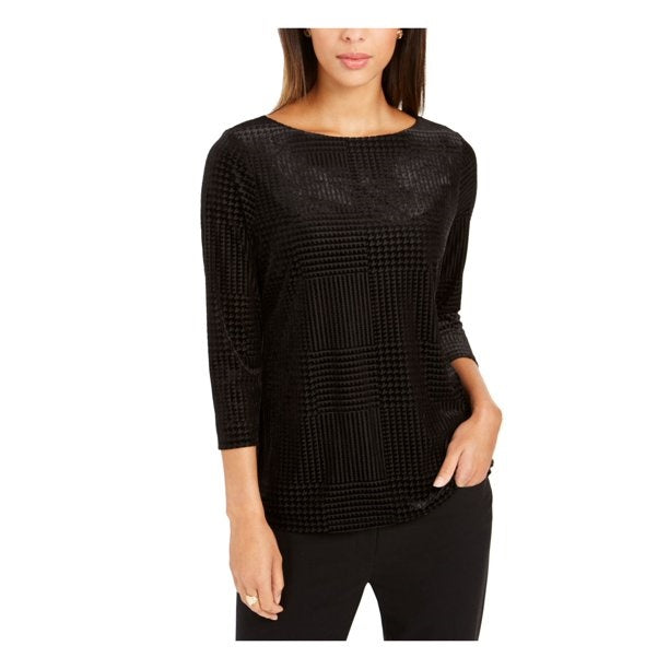 Charter Club Women's Black Velvet 3/4 Sleeve Jewel Neck Top Black Size X-Small