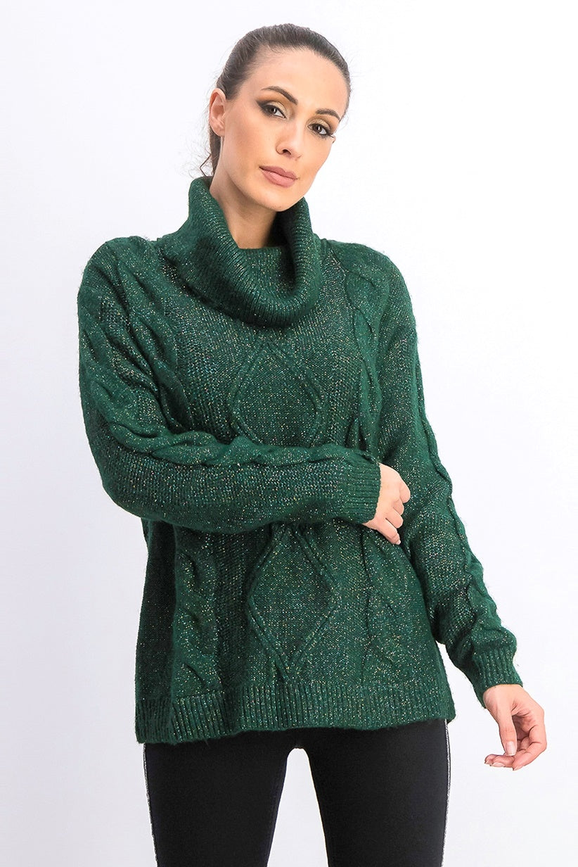 Charter Club Women's Cowl Neck Cable Knit Glitter Sweater Green Size Small