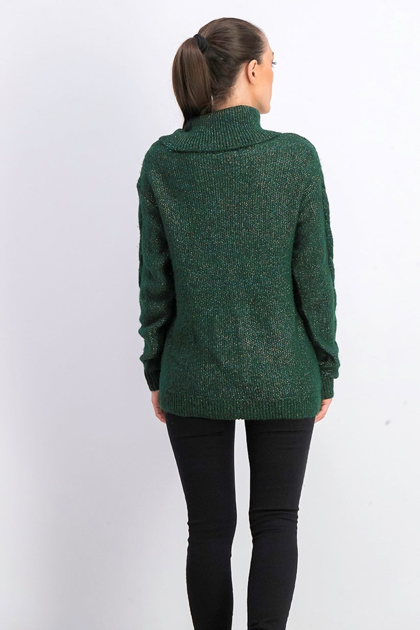 Charter Club Women's Cowl Neck Cable Knit Glitter Sweater Green Size Small