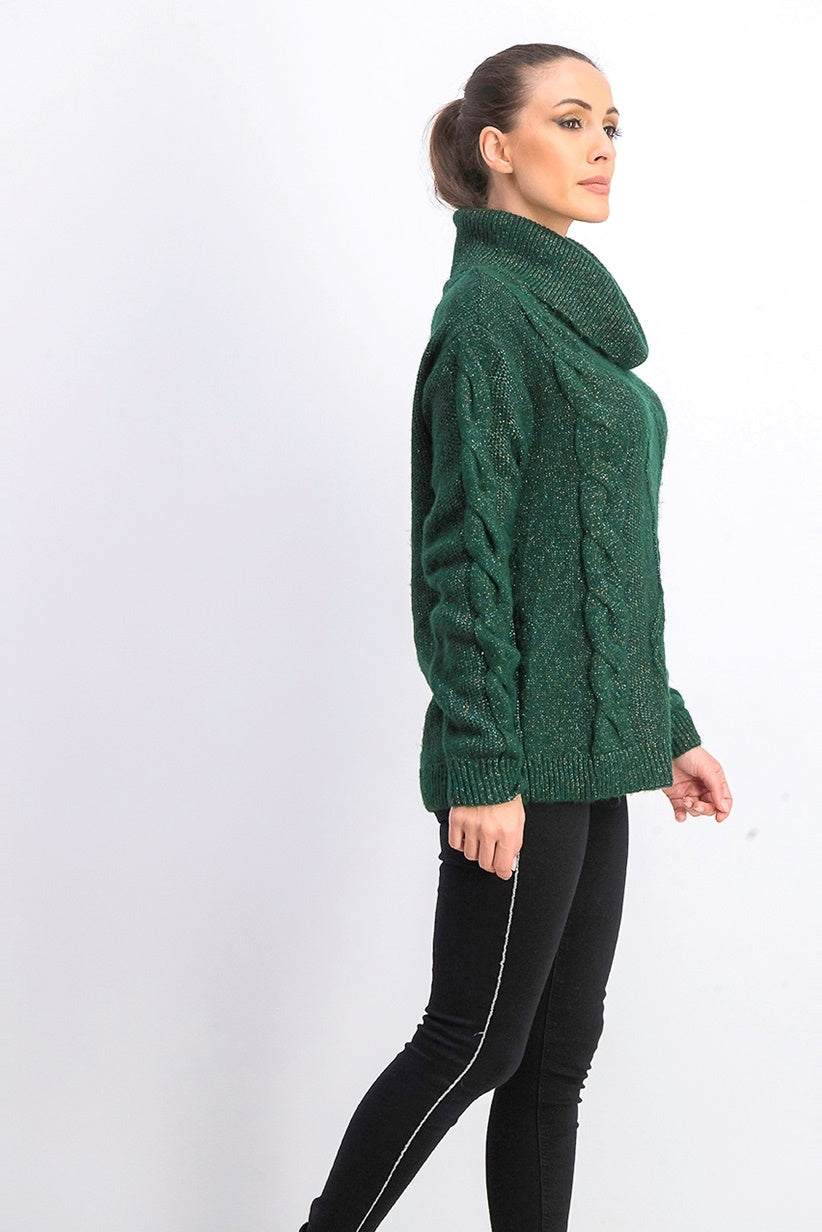 Charter Club Women's Cowl Neck Cable Knit Glitter Sweater Green Size Small