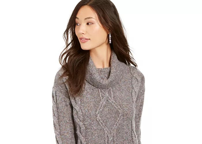 Charter Club Women's Cowl Neck Cable Knit Glitter Sweater Grey Size Large