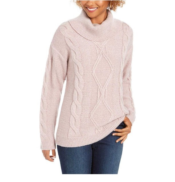 Charter Club Women's Cowl-Neck Cable-Knit Glitter Sweater Pink Size Large
