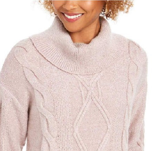 Charter Club Women's Cowl-Neck Cable-Knit Glitter Sweater Pink Size Medium