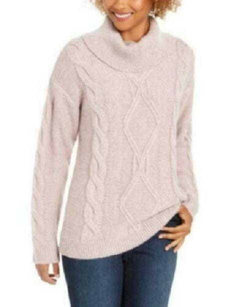 Charter Club Women's Cowl-Neck Cable-Knit Glitter Sweater Pink Size X-Small