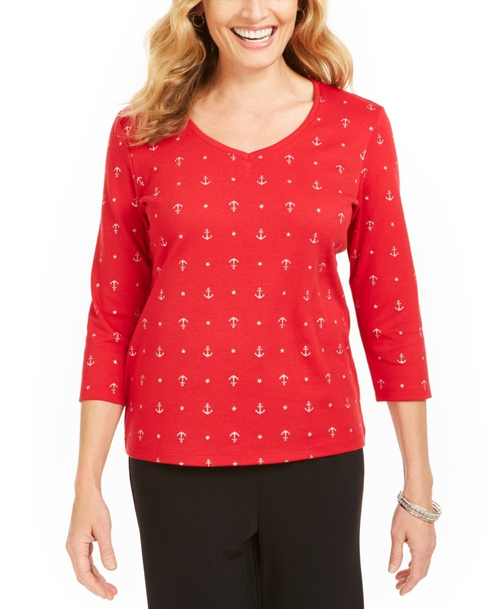 Karen Scott Women's Anchor Print V Neck Top Red Size Small