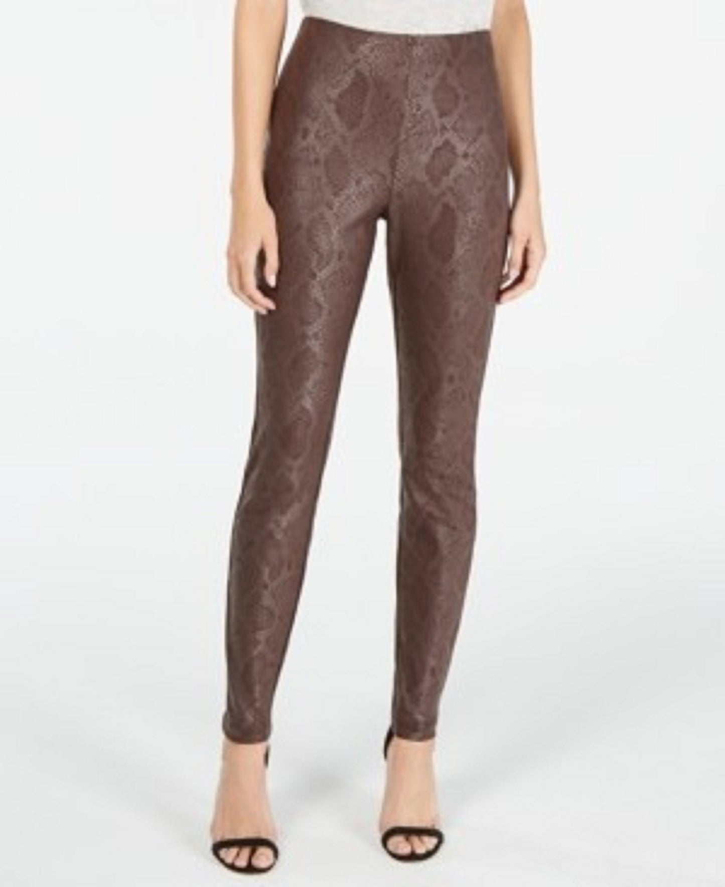 INC International Concepts Women's Petite Metallic Python-Embossed Skinny Pants Brown Size 12 P