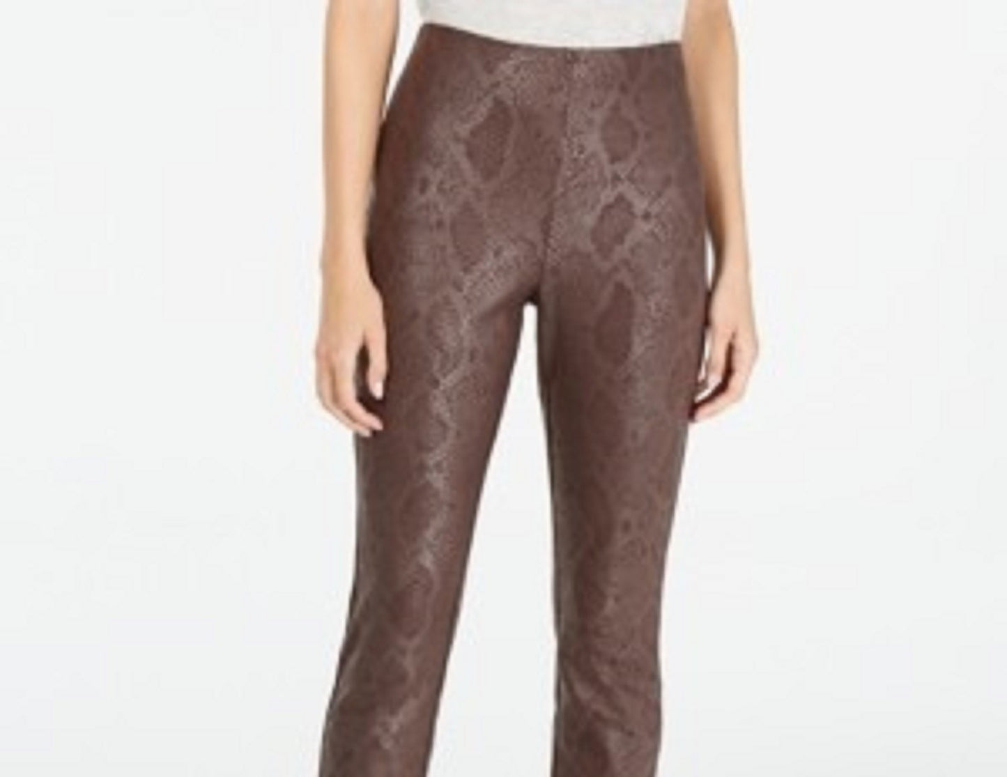 INC International Concepts Women's Petite Metallic Python-Embossed Skinny Pants Brown Size 12 P
