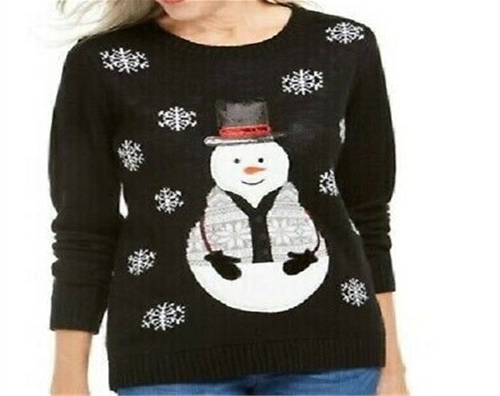 Karen Scott Women's Sequined Snowman Holiday Sweater Black Size Small