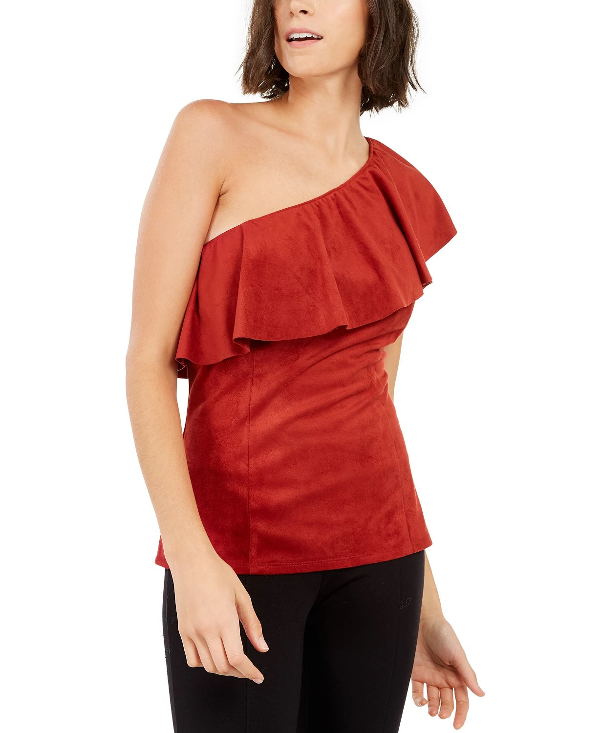 INC International Concepts Women's Faux Suede One Shoulder Ruffled Top Red Size Large