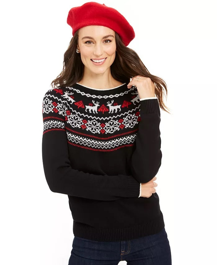 Charter Club Women's Metallic Fair Isle Family Sweater Black Size XX-Large