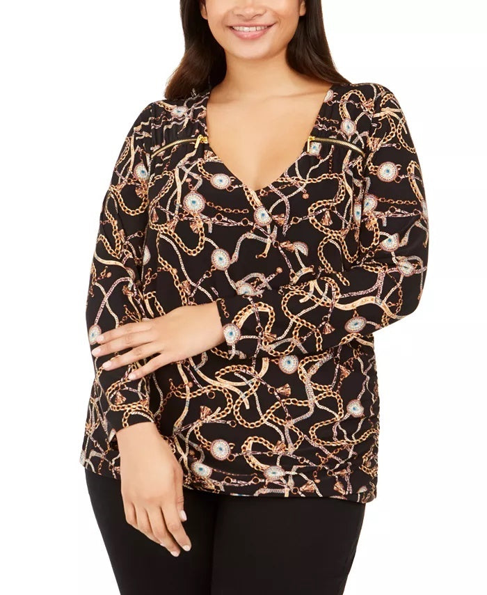 INC International Concepts Women's Printed Zip Surplice Blouse Black Size 4X