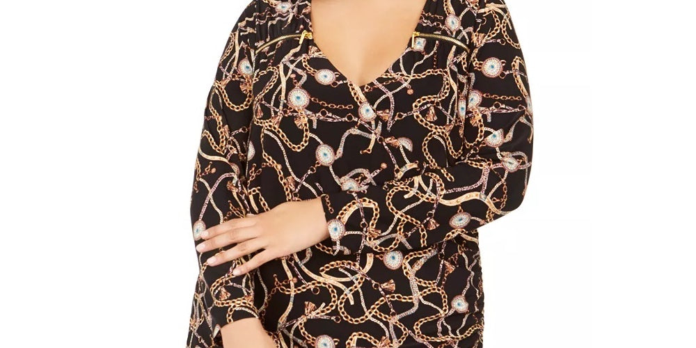 INC International Concepts Women's Printed Zip Surplice Blouse Black Size 4X