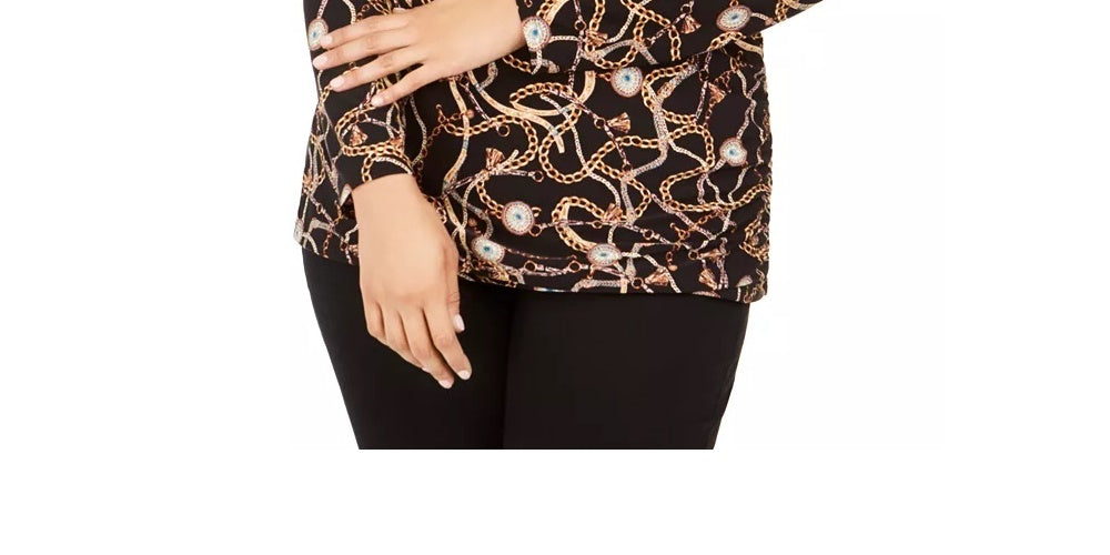 INC International Concepts Women's Printed Zip Surplice Blouse Black Size 4X