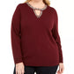 INC International Concepts Women's Plus Size Embellished Keyhole Sweater Red Size 1X