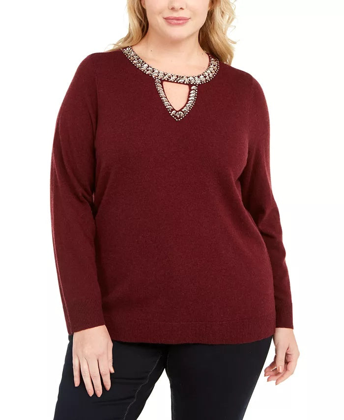 INC International Concepts Women's Plus Size Embellished Keyhole Sweater Red Size 1X