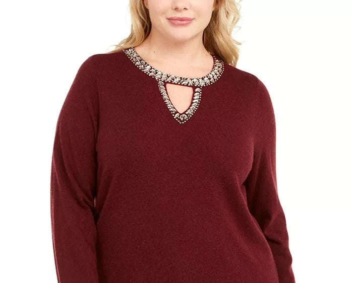 INC International Concepts Women's Plus Size Embellished Keyhole Sweater Red Size 1X