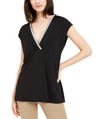 Alfani Women's Embellished V Neck Top Black Size Large