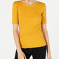 Maison Jules Women's Crewneck Elbow-Sleeve Top Dark Yellow Size Small