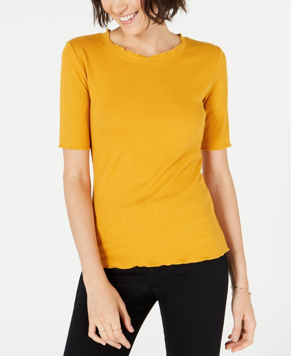 Maison Jules Women's Crewneck Elbow-Sleeve Top Dark Yellow Size Small
