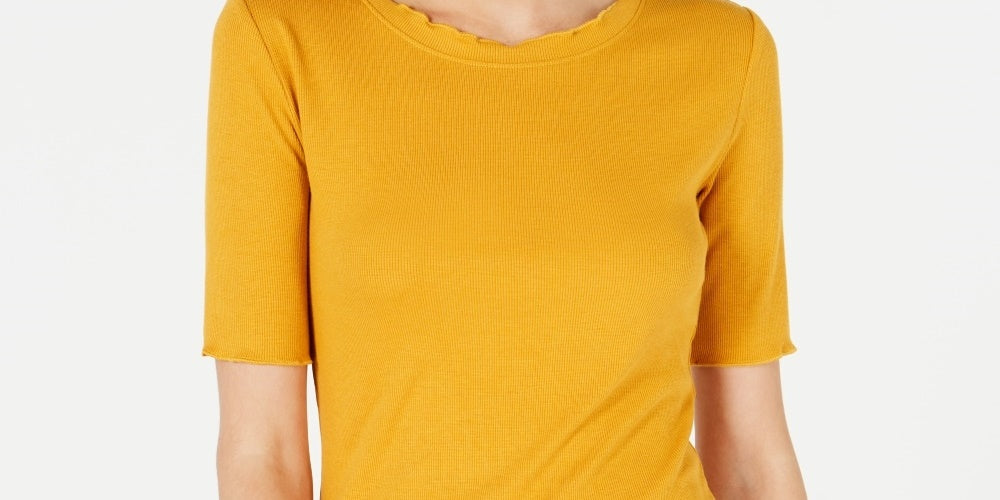 Maison Jules Women's Crewneck Elbow-Sleeve Top Dark Yellow Size Small