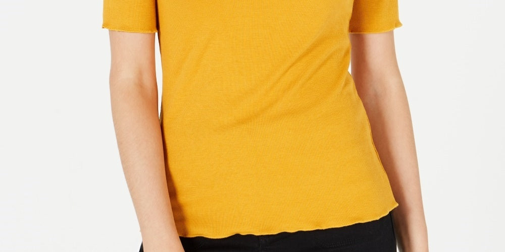 Maison Jules Women's Crewneck Elbow-Sleeve Top Dark Yellow Size Small