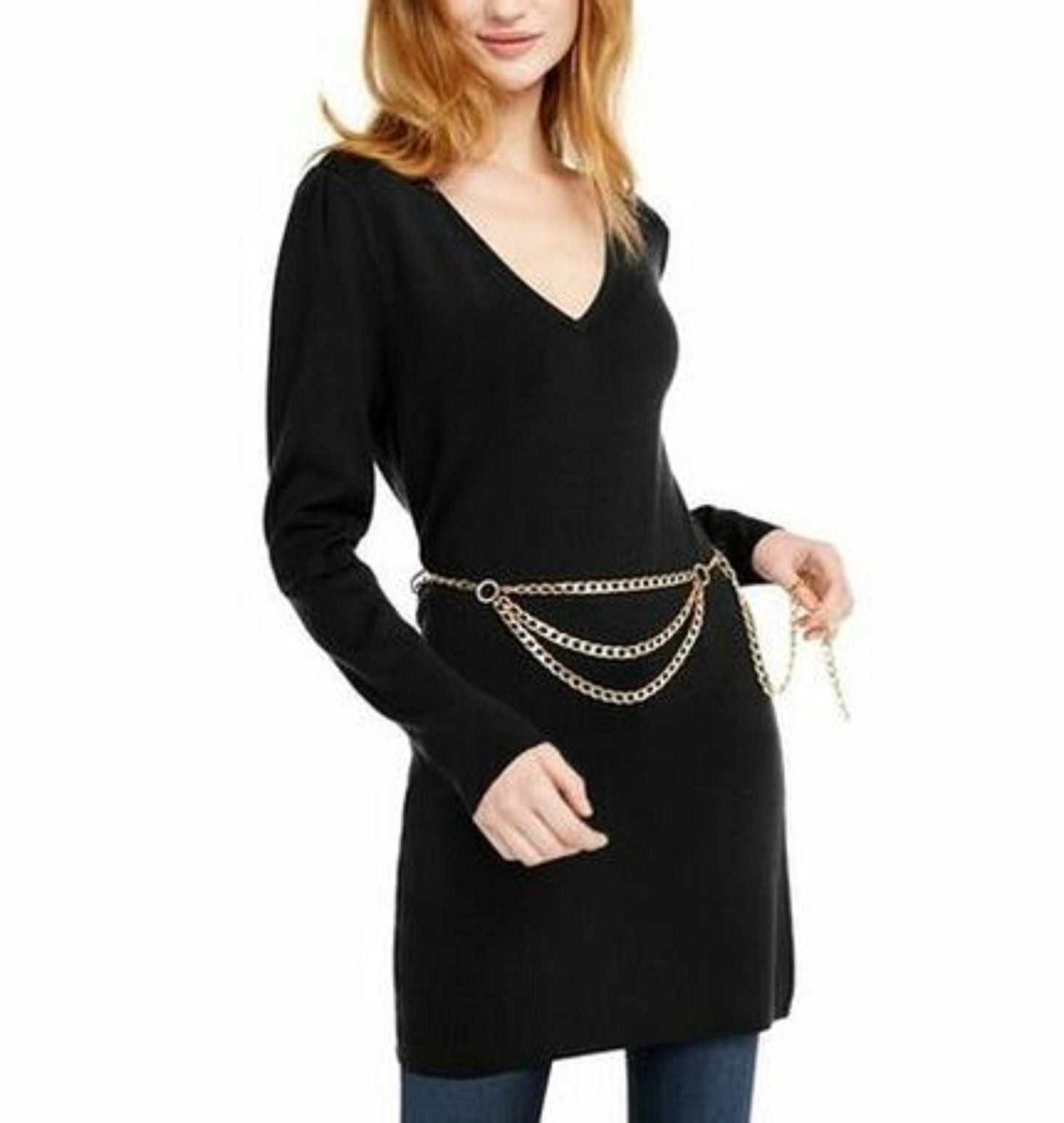 INC International Concepts Women's Chain-Belt Sweater Tunic Black Size Extra Small