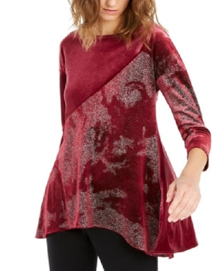 Alfani Women's Red Speckle 3/4 Sleeve Crew Neck Blouse Evening Top Red Size Large