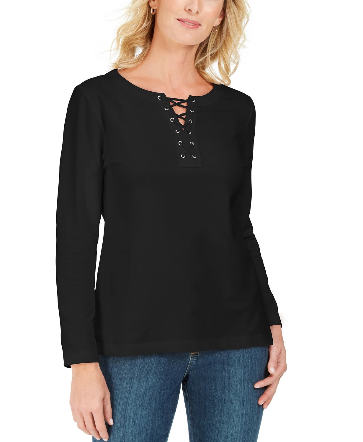 Karen Scott Women's Lace-Up French Terry Sweatshirt Black Size Small