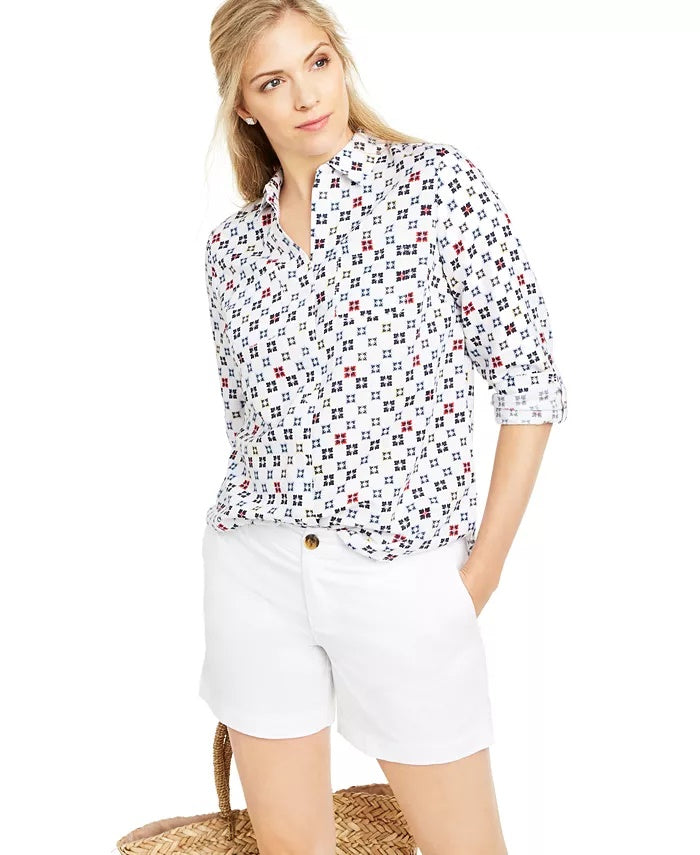 Charter Club Women's Printed Roll Tab Sleeve Linen Blend Top White Size Medium