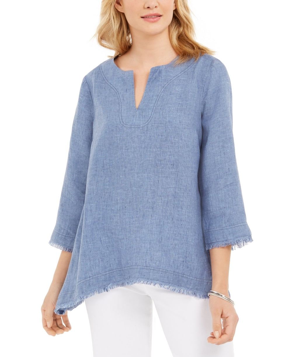 Charter Club Women's Frayed Hem Linen Top Navy Size X-Small