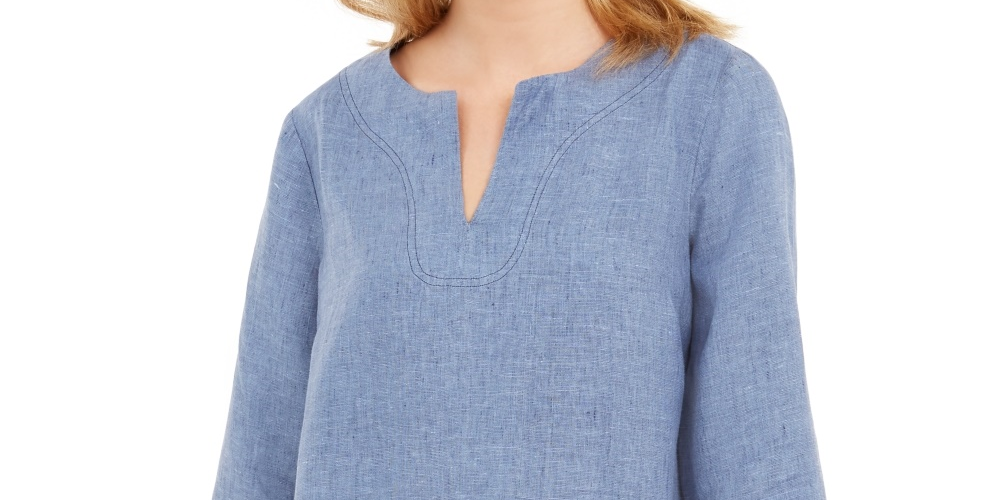 Charter Club Women's Frayed Hem Linen Top Navy Size X-Small