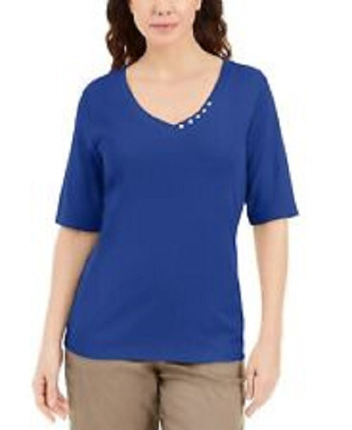 Karen Scott Women's Button-Detail V-Neck Top Dark Blue Size Medium
