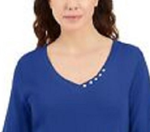 Karen Scott Women's Button-Detail V-Neck Top Dark Blue Size Medium