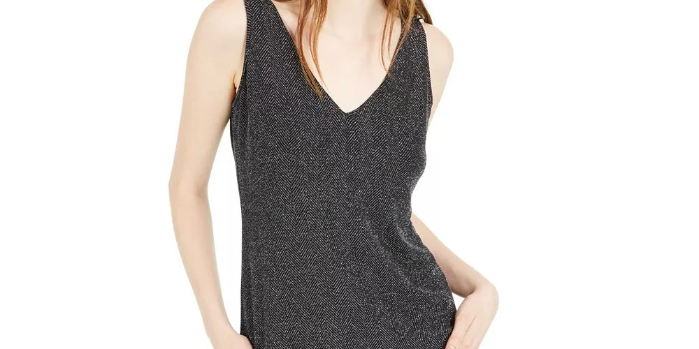 Bar III Women's Sequined Glitter Sleeveless V Neck Tank Top Black Size X-Small
