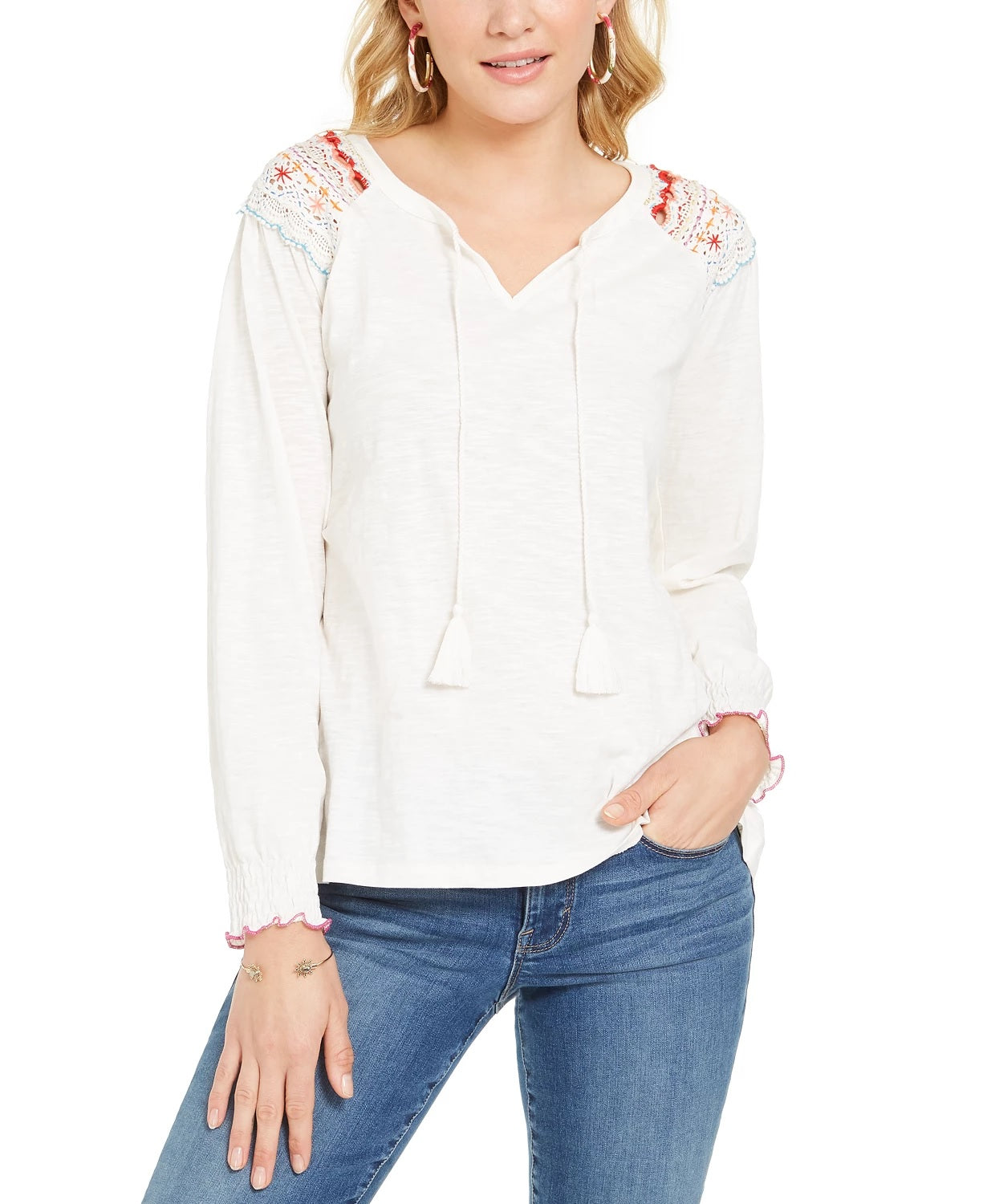 Style & Co Women's Embroidered-Shoulder Top Natural Size Small