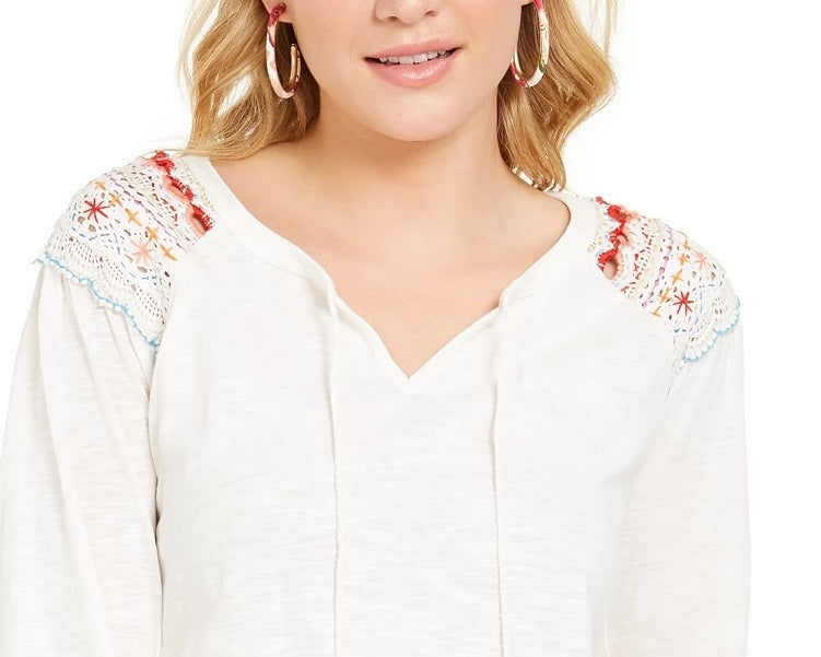 Style & Co Women's Embroidered-Shoulder Top Natural Size Small
