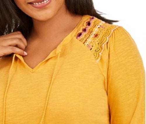 Style & Co Women's Embroidered-Shoulder Top Gold Size Large