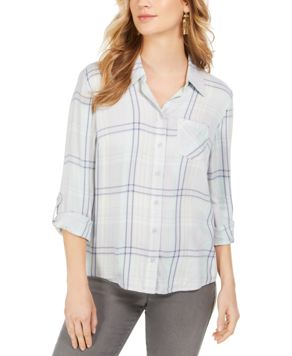 Style & Co Women's Plaid One Pocket Shirt Green Size Medium